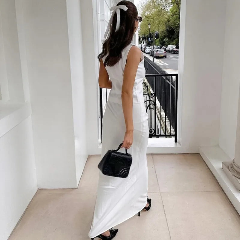 LIZAKOSHT  -  White Long Dress Set V-Neck Sleeveless Vest Top Elegant Long Skirt Set Summer Fashion Party Looks Women Long Dress Set