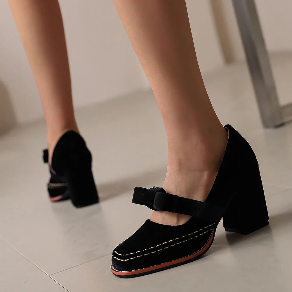 LIZAKOSHT  -  Plus Size 33-48 Retro Burgundy Elegant Office Lady Mary Janes Pumps Vintage Green Square High Heels Shoes with Bow Tie