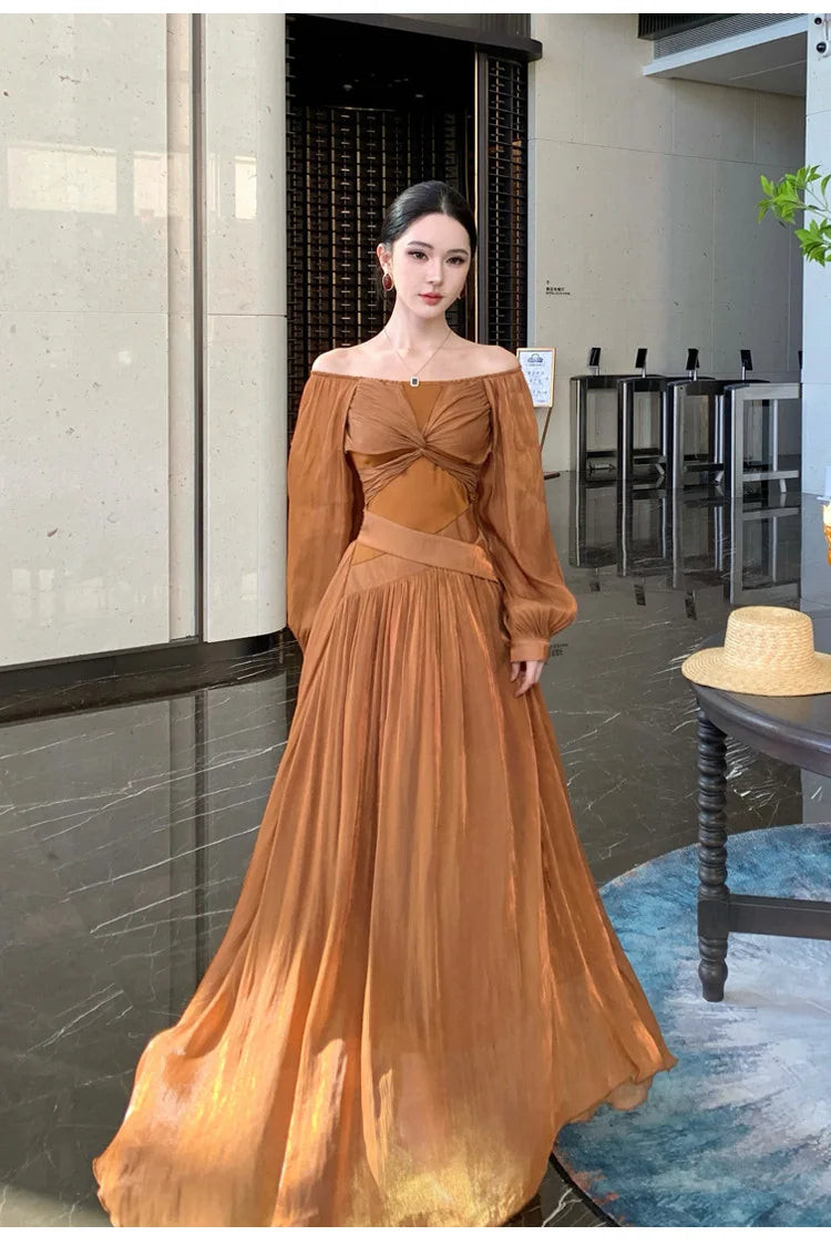 LIZAKOSHT  -  2026 French Style Glossy Lantern Sleeves Kinked Butterfly One-word Shoulder Dress Pendant Long Dress