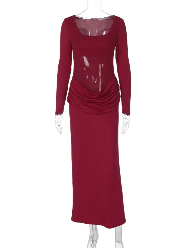 LIZAKOSHT  -  2025 Autumn Mesh Patchwork Ruched Long Dress Women's Elegant Long Sleeve Slim Evening Dresses Party Prom Gown Streetwear