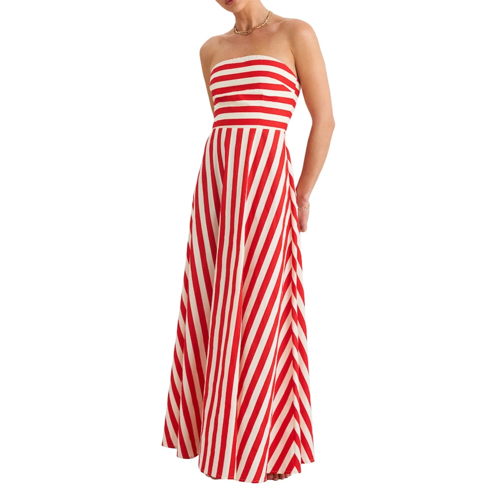 LIZAKOSHT  -  Women Y2k Graphic Maxi Tube Dress Off the Shoulder Striped Flowy Dress Bohemian Backless Beach Sundress