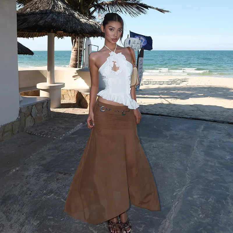 LIZAKOSHT  -  Fashion Elegant 2-Piece Set Women Cross Halter Hollow Ruffles Irregular Hem Vests+Folds Mesh Long Skirt Vacation Matching Suits
