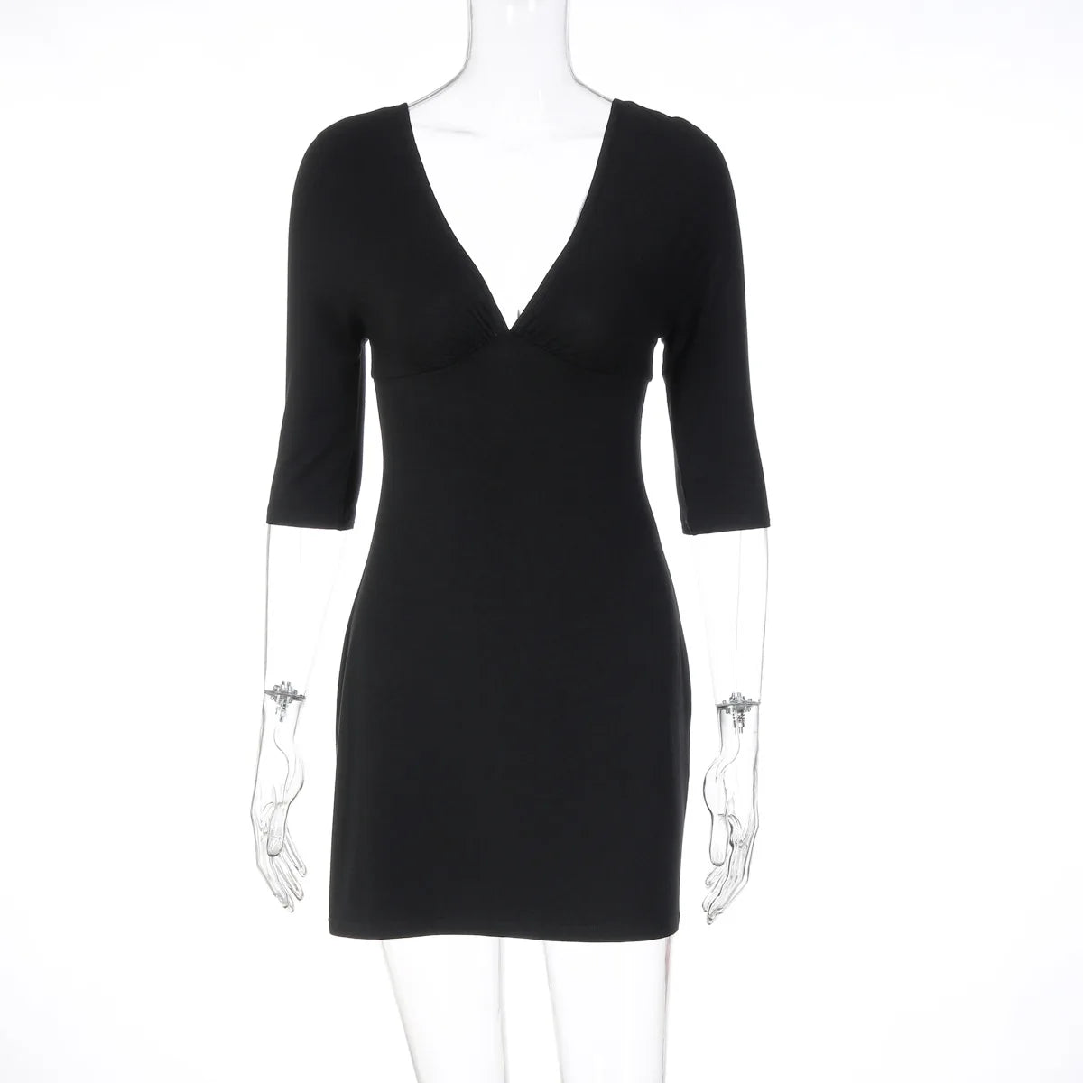 LIZAKOSHT  -  Summer Deep V-neck Backless Solid Short Dress Streetwear Y2K Women's Half Sleeve High Waist A-line Holiday Dresses