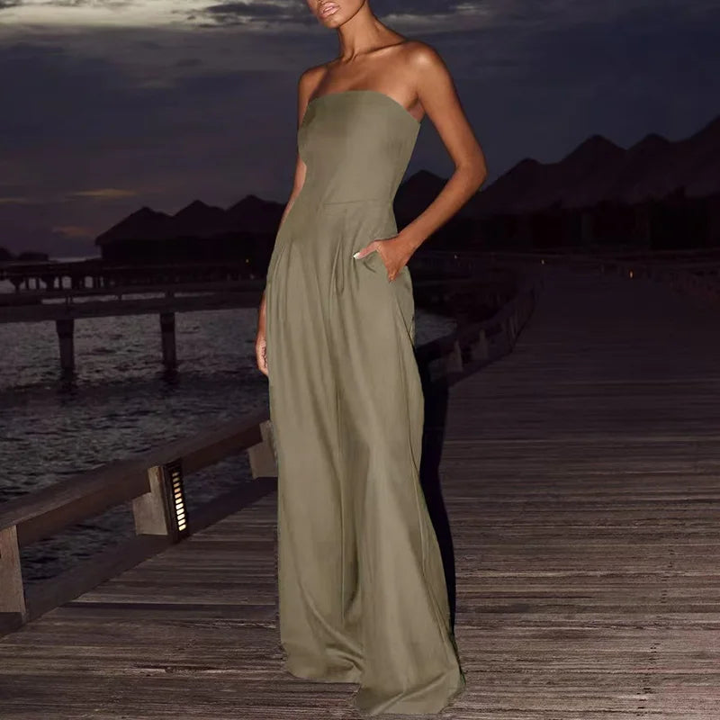 LIZAKOSHT  -  Temperament High Waist Commute Rompers High Street Fashion Slim Wide Leg Playsuits Elegant Lady Sleeveless Solid Color Jumpsuits