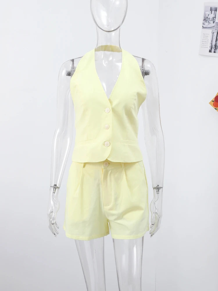 LIZAKOSHT  -  Fashion Halter Women's Two Piece Suit V-neck Sleeveless Single Breasted  Backless Top Short Pants 2025 Summer Lady Causal Outfit