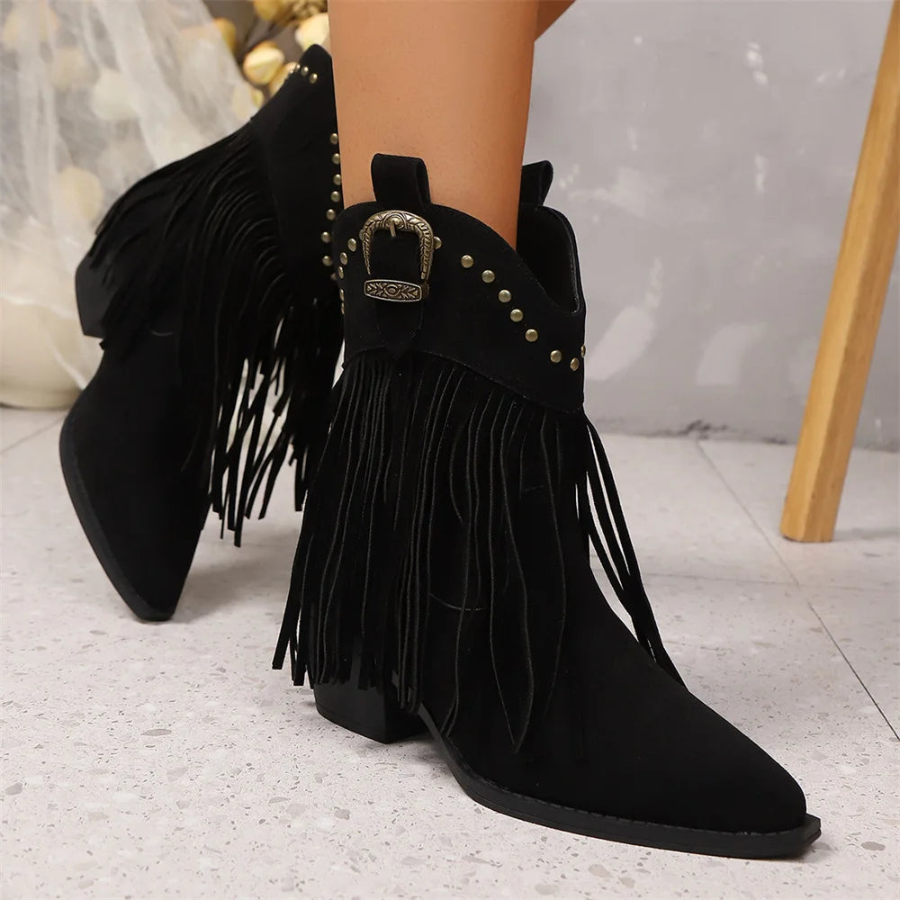 LIZAKOSHT  -  EUR Size 43 Black Square Heels Ankle Boots Women Brown Pointy Toe Fringes Cowboy Boots Gypsy Tassels Western Boots Shoes