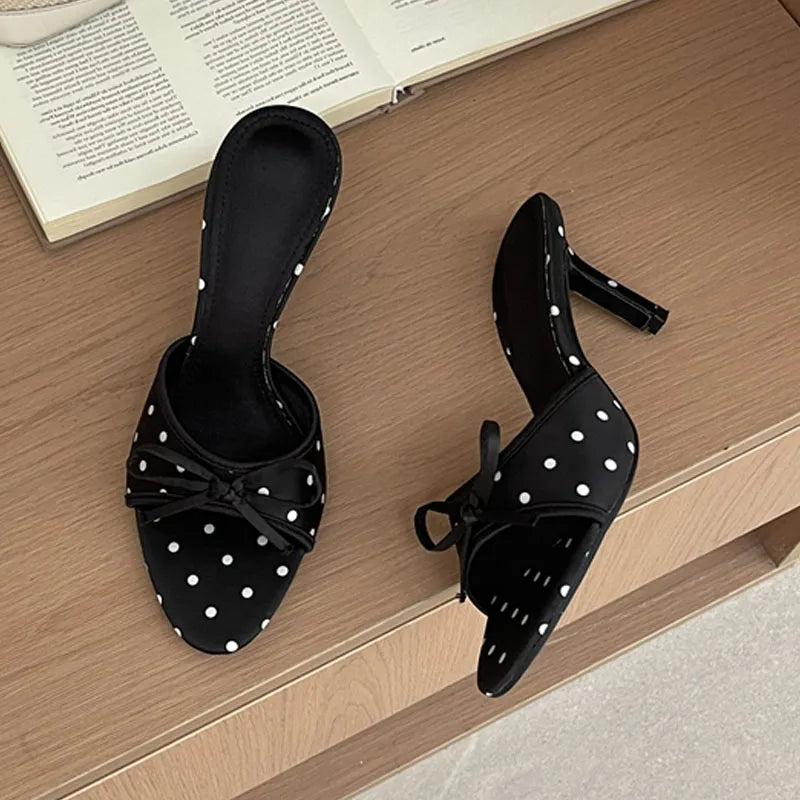 LIZAKOSHT  -  High Quality Silk Butterfly-kont Polka Dot Thin Heels Women Slippers Fashion Summer Party Dress Slide Shoes