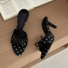LIZAKOSHT  -  High Quality Silk Butterfly-kont Polka Dot Thin Heels Women Slippers Fashion Summer Party Dress Slide Shoes
