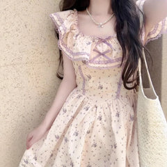 LIZAKOSHT  -  Floral Print Mini Dress Women's French Style Puffy Sleeve Fresh Gentle Short Skirt Pure Desirable Sexy Casual Daily Wear