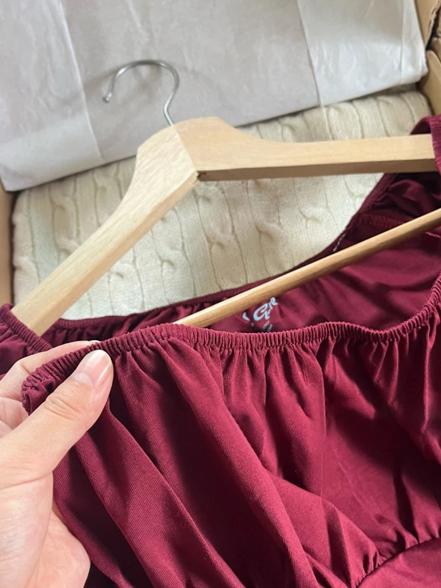 LIZAKOSHT  -  Burgundy Folds Short Sleeve Slim T-shirt Women Summer Sexy Square Collar Cotton T Shirt Solid Simple Sweet Cute New Tee Tops Y2k
