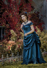 LIZAKOSHT  -  Teal Blue Vintage Victorian Bustle Evening Dresses Retro Off Shoulder Lace-up Corset Gothic Ruffles Pleats 1820S Prom Gown
