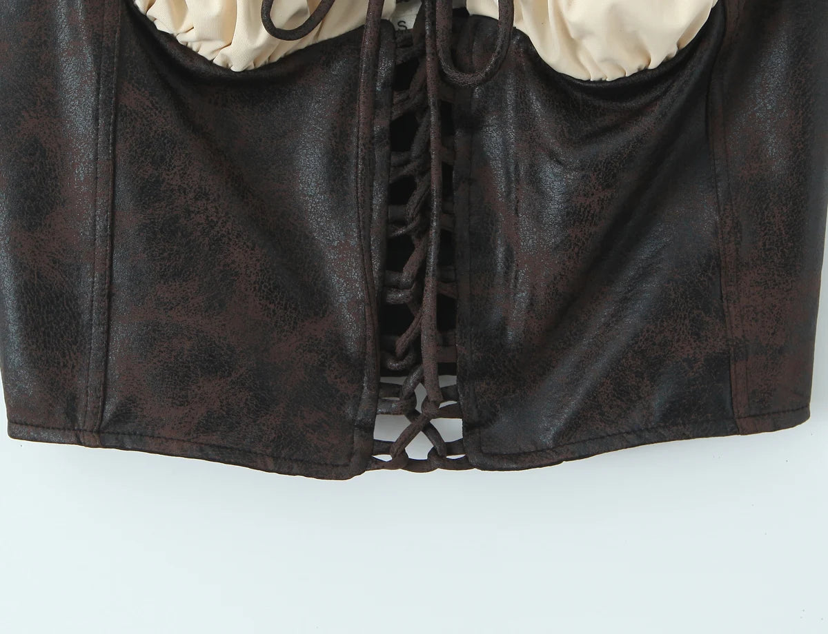 LIZAKOSHT  -  Sexy Brown Patchwork Wood ears Bra Corset Camis Women Cross Lacing up Bandage Bow Front Crop Top Camisoles Bra Tank Vest