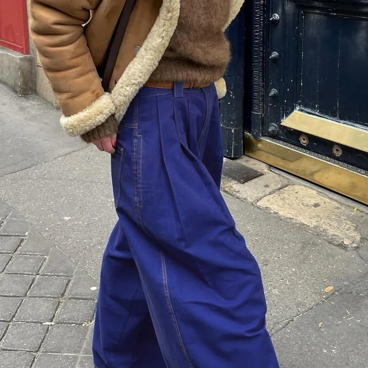 LIZAKOSHT  -  Stylish Street American Double Pocket Blue Trousers Women's Loose Straight Wide Leg Pants