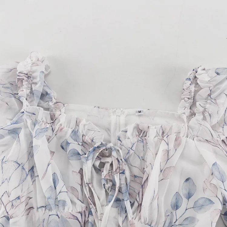 LIZAKOSHT  -  Ruffled Printed Lace-Up Mini Dress Female Square Collar Patchwork Elegant Contrast Party Dress Clothes Women Bodycon Dress