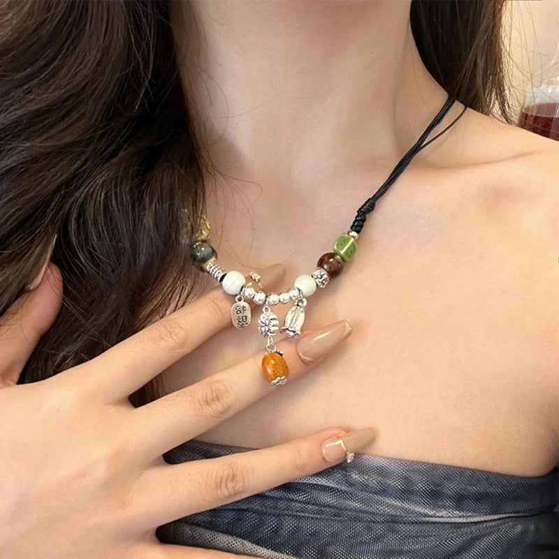 LIZAKOSHT  -  Bohemian Ethnic Style Necklace Handmade Ceramic Bead Waterdrop Pendant Choker Adjustable Size Bohemian Necklace Women