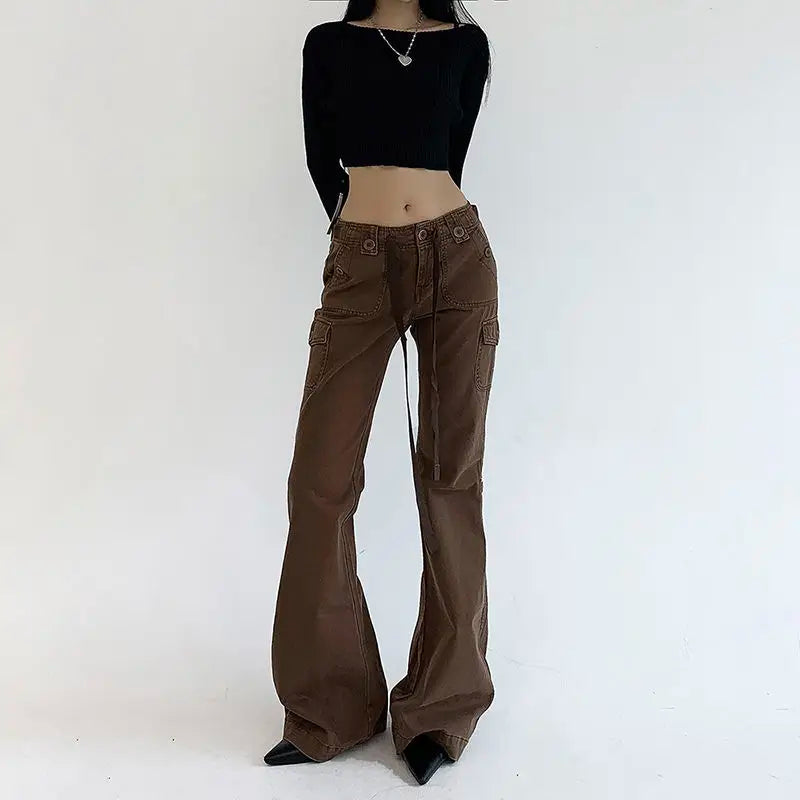 LIZAKOSHT  -  Flare Jeans Button Ribbon Low Rise Brown For Women Streetwear Y2K Aesthetic Cargo Jean Pants Vintage Denim Trousers