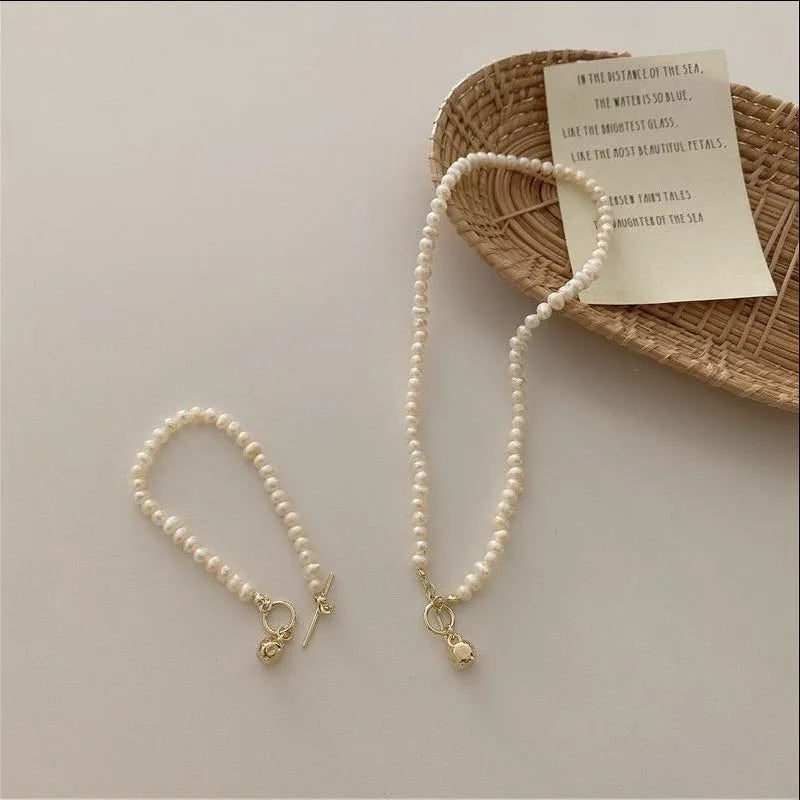 Lizakosht Minar Korean Vintage Natural Freshwater Pearl Chokers Necklaces for Women Gold Color Copper Toggle Clasp Circle Necklace Jewelry