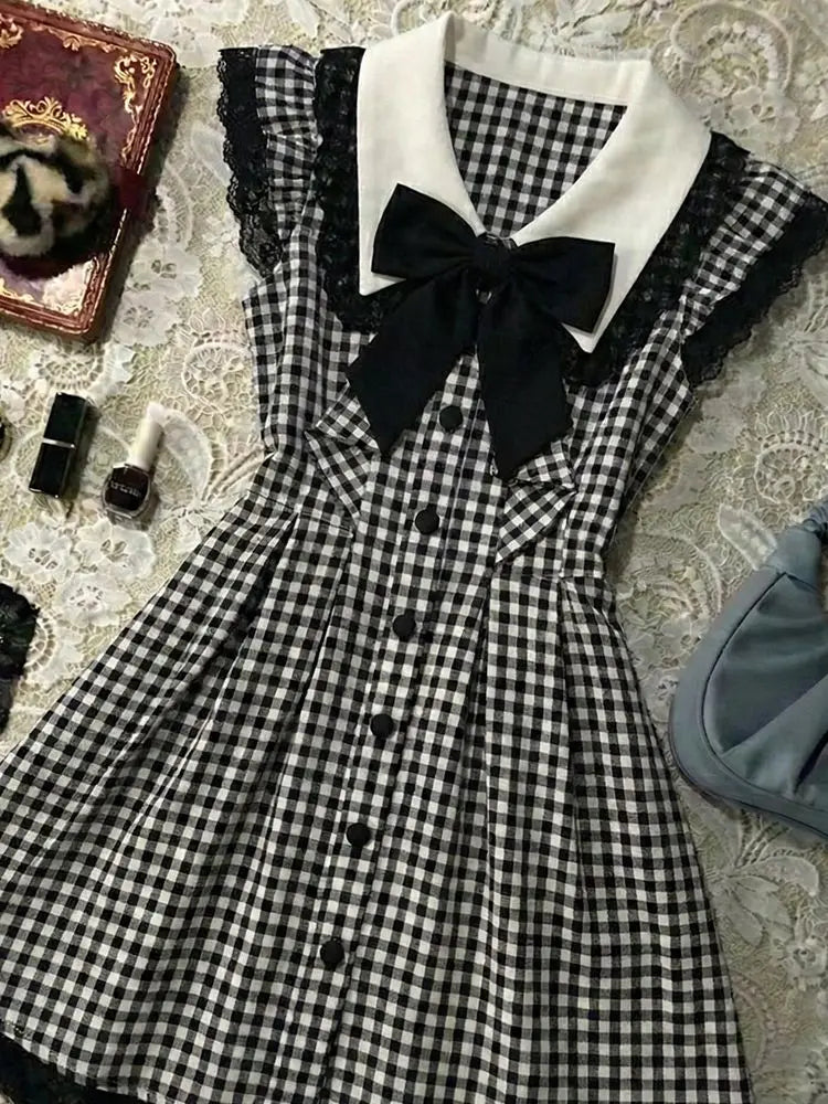 LIZAKOSHT  -  Japanese Dresses Y2k 90s Harajuku Slim Plaid Vintage Goth Women's Dress Kawaii Mini Skirt Sleeveless Summer Fashion Elegant Emo