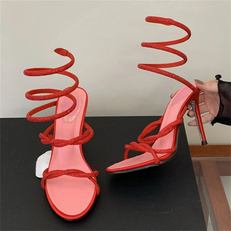 LIZAKOSHT  -  Summer Luxury Rhinestones Snake Coiled Ankle Strap Stiletto Heeled Women Gladiator Sandals Party Banquet Prom Shoes