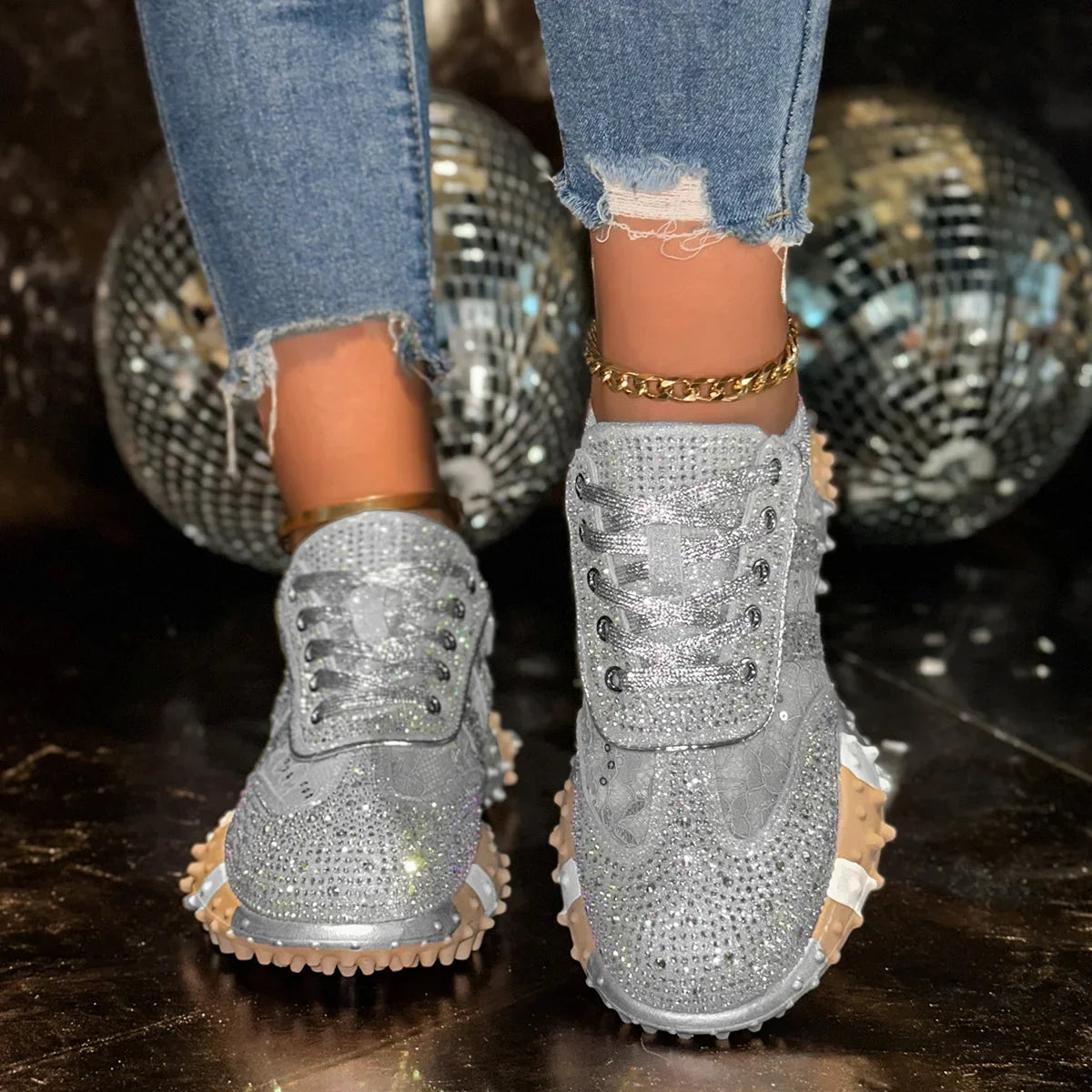 LIZAKOSHT  -  Breathable Casual Sporty Women's Single Shoes Spring Autumn Thick Bottom Leisure Sports Water Diamond Mesh Shoes Dad Sneakers