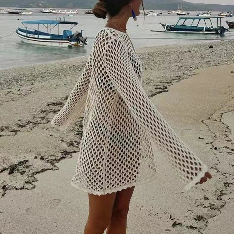 LIZAKOSHT  -  Seaside Hollow Out One Piece Vacation Covers Summer Solid knitted  Fish Mesh Pullover Tops 2025 Long Sleeve White Full Dresses