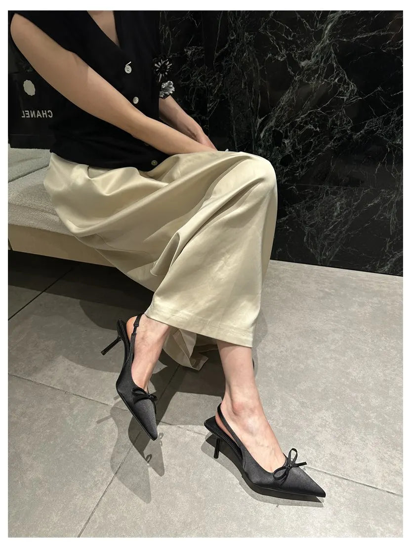 LIZAKOSHT  -  Women Thin Heels Slingback Sandals Elegant Pointed Toe Pumps New Brand Designer Bow Knot Party Dress Wedding Shoes Footwear