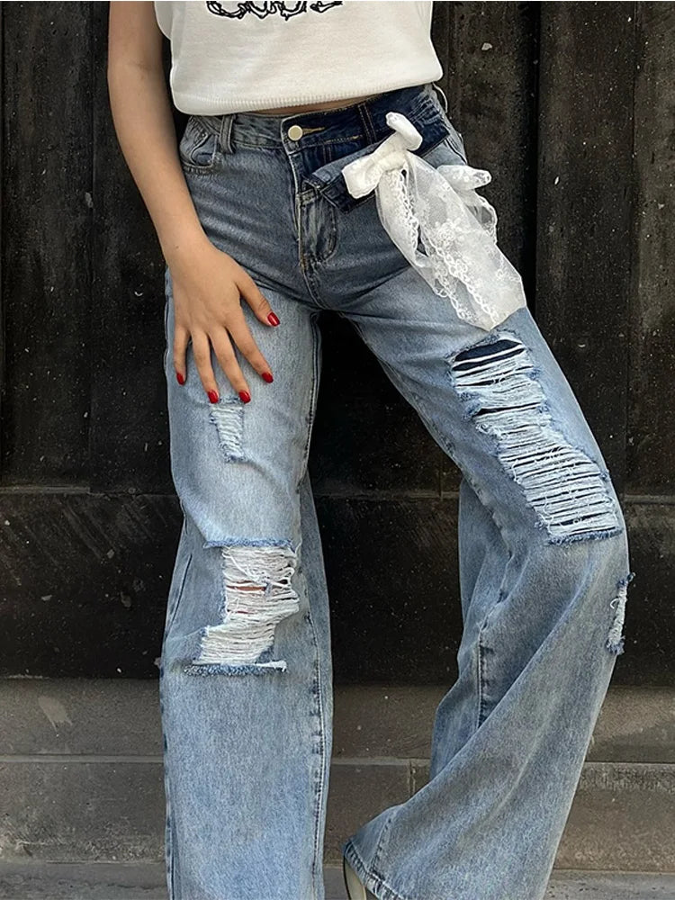 LIZAKOSHT  -  Y2k Bow Lace Ripped Holes Woman's Denim Pants Baggy Wide Leg Jeans Dragging Hollow Out Fashion Chic Casual High Street Pants