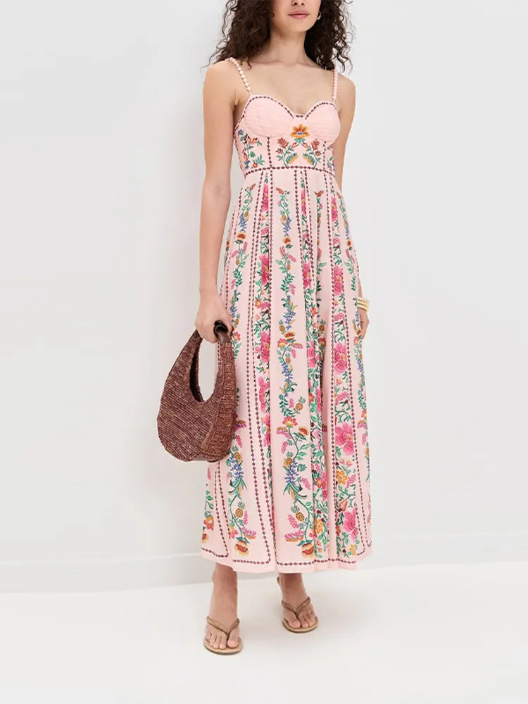 LIZAKOSHT  -  Sexy Printed Bead Sling Dress Women Fashion Sleeveless High Waist Pleated A-line Long Dresses 2025 Lady Summer Chic Party Robes