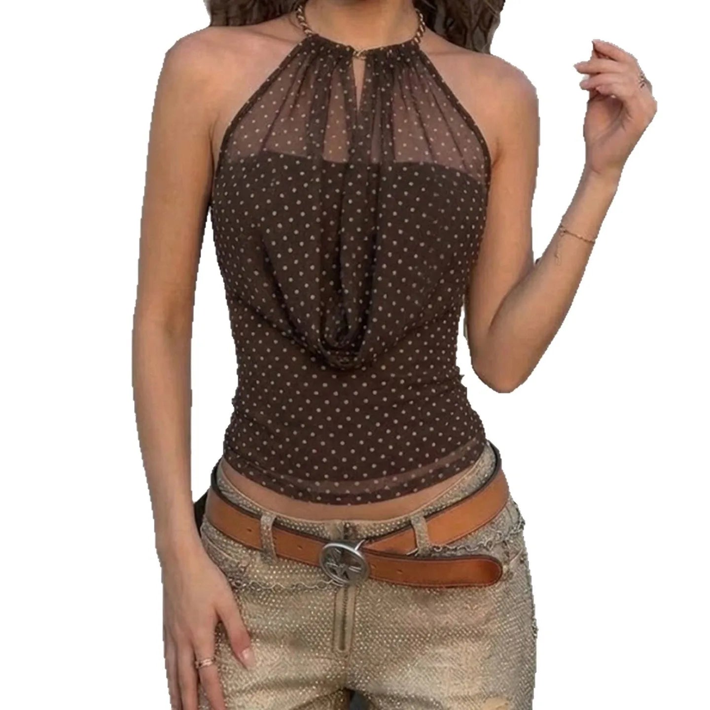 LIZAKOSHT  -  Street Fashion Design Swinging Collar Polka Dot Neck Sleeveless Vest Slim Fit Versatile and Thin Mesh Top