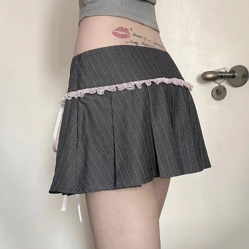 LIZAKOSHT  -  Y2k Girl Lace Bow Low Waist Pleated Striped Skirt Pastel Goth Sweet Pleated Skirt Women Aesthetic Fairy Grunge Elegant Skirt