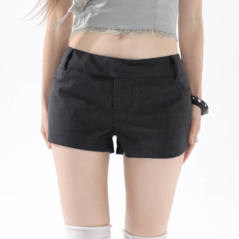 LIZAKOSHT  -  French Fashion High Street Low Waist Striped Short Pants Y2k Aesthetic All Match Temperament Shorts Casual Short Stright Trouser