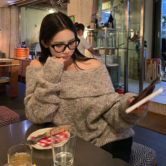 LIZAKOSHT  -   Elegant Off Shoulder Slash Neck Sweaters Women Korean Fashion Streetwear Thicken Knitted Jumpers Casual Loose Slimming Pullovers