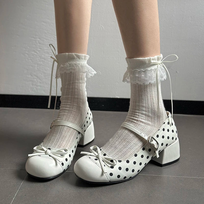 LIZAKOSHT  -  Cute Polka Dot Thick Heel Women Mary Jane Shoes Designer Buckle Strap Pumps Ladies Eelgant Butterfly-knot Dress Single Shoes