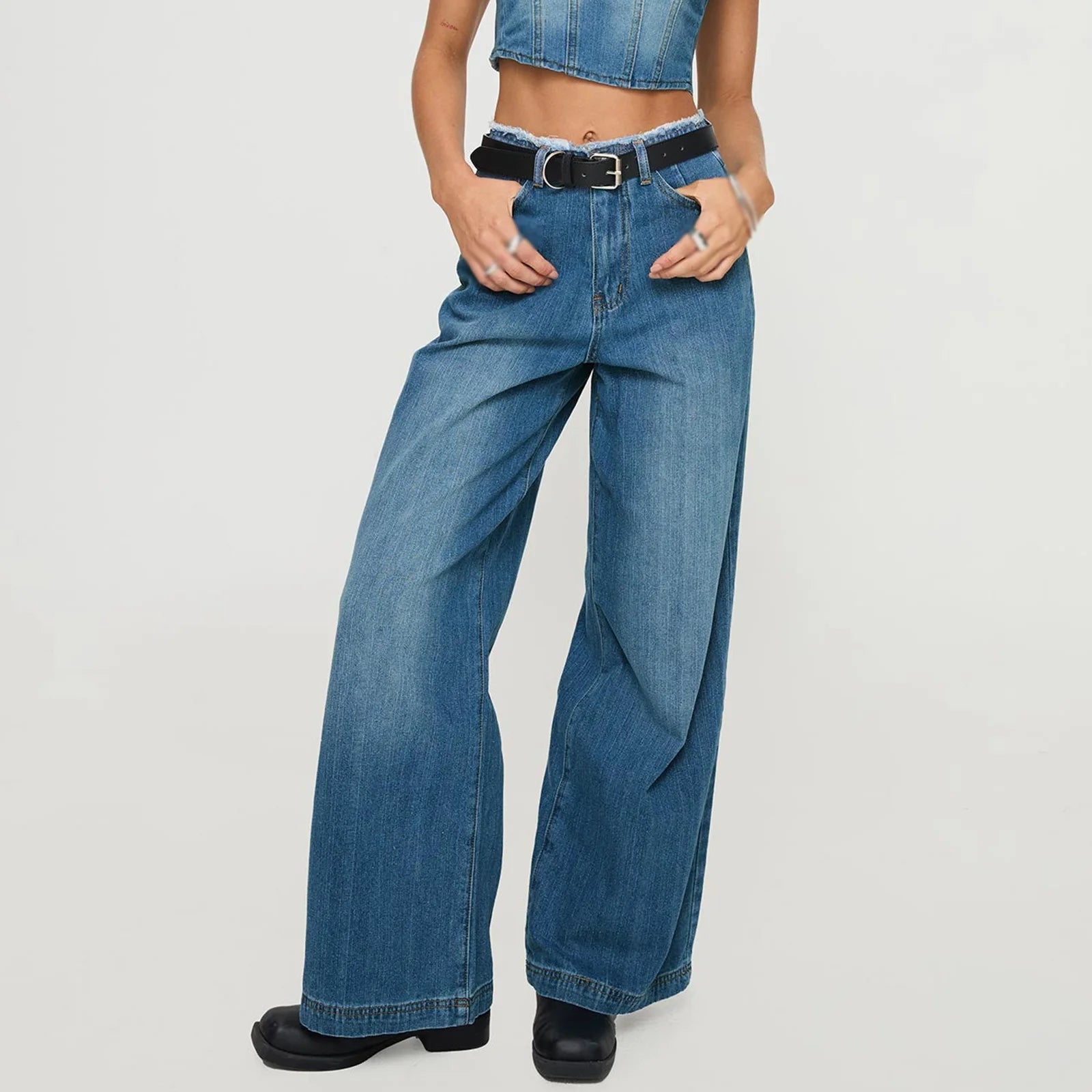 LIZAKOSHT  -  Women's Spring Summer Jeans with Pockets Fashion Loose Fit Casual Solid Low Rise Wide Leg Denim Pants Vintage Streetwear