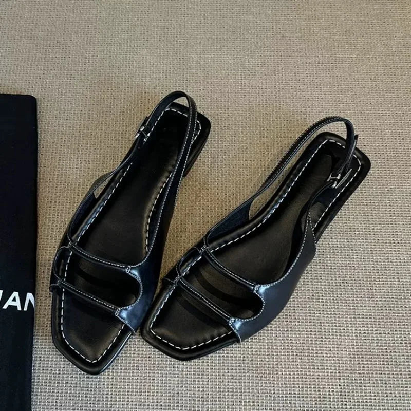 LIZAKOSHT  -  Designer Retro Summer Buckle Sandals French Elegant Women Flat Sandals Beach Square Toe Roman Shoes Ladies