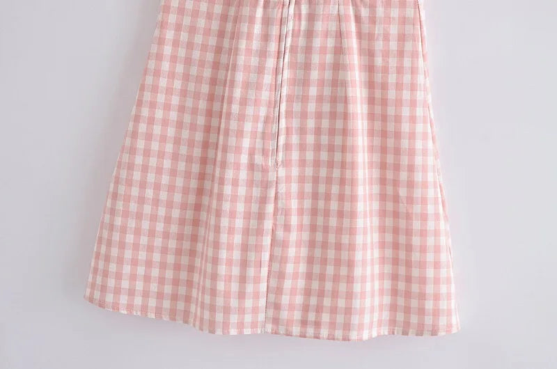 LIZAKOSHT  -  Retro French Pink Gingham Plaid Print Sling Dress Sexy Summer Woman Backless Spaghetti Strap Dresses Strapless Holiday Robe
