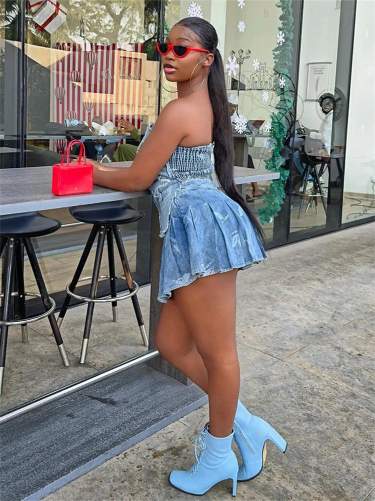 LIZAKOSHT  -  Summer Denim Sexy 2 Piece Set Casual Street Outfits Women Strapless Irregular Corset Tops And Pleated Mini Skirt Set