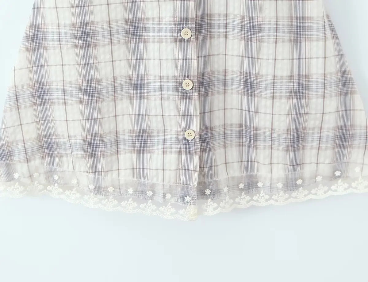 LIZAKOSHT  -  Sexy Front Open Buttons Plaid Spliced Lace Tie Bow Halter V Collar Mini Dress Women No Back Backless A-line Short Dresses Robe
