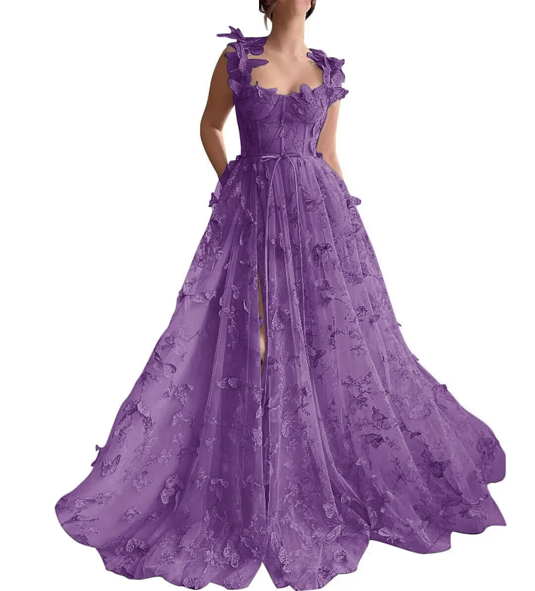 3D Butterfly Tulle Prom Dresses for Women 2024 Lace Applique Princess Long Ball Gown with Slit Graduation School Party Gown