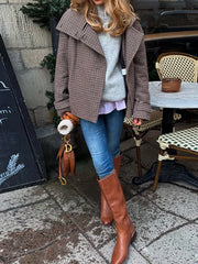 LIZAKOSHT  -  Vintage Women Stand Collar Plaid Coat Long Sleeve Double Button Pockets Thick Cropped Jacket 2025 Autumn Winter Lady Outwear