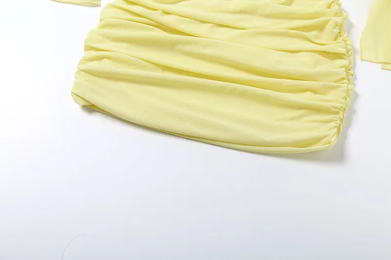 LIZAKOSHT  -  Elegant Sexy Yellow Ruffles Ruched Boydcon Mini Dress Women Lace Up Slash Neck Off Shoulder Flare Long Sleeve Party Clubwear