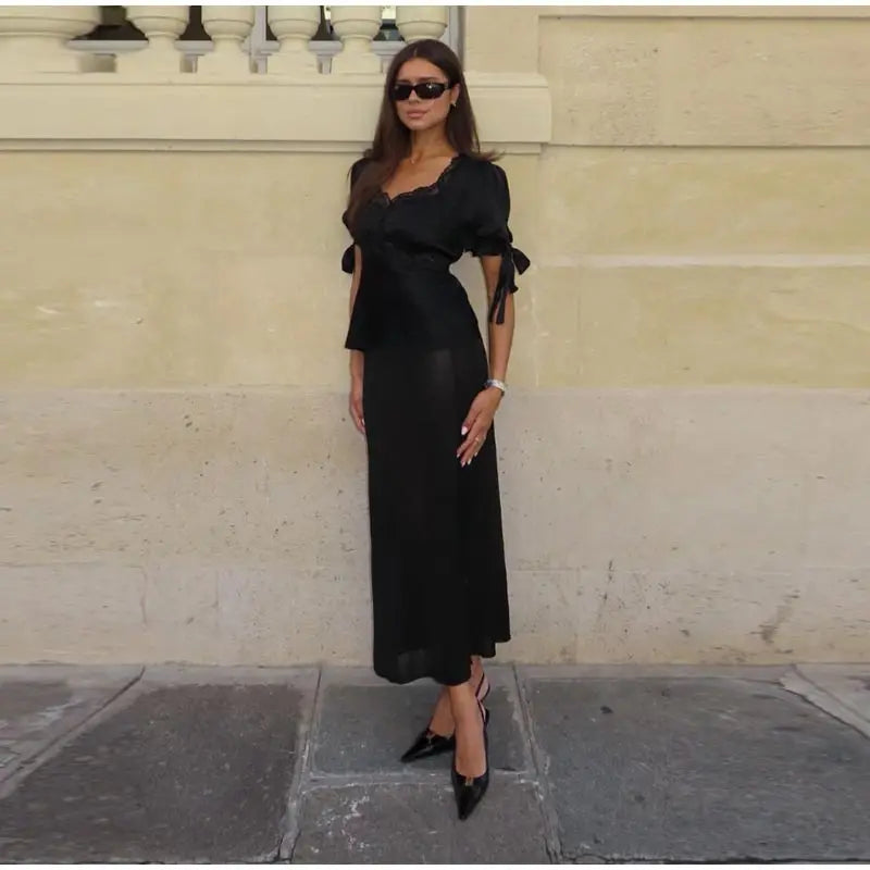 LIZAKOSHT  -  Satin Women's Top Lace Trim Puff Short Sleeve Square Neck Blouse Female Tie Cuff Casual Spring Fashion Chic Short Tops Ladies