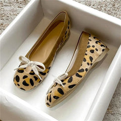 LIZAKOSHT  -  Leopard Lace Up Women Ballet Shoes Round Toe Shallow Comfort Walking Shoes Female Lncreased Lnternal Fashion Mary Jane Shoes