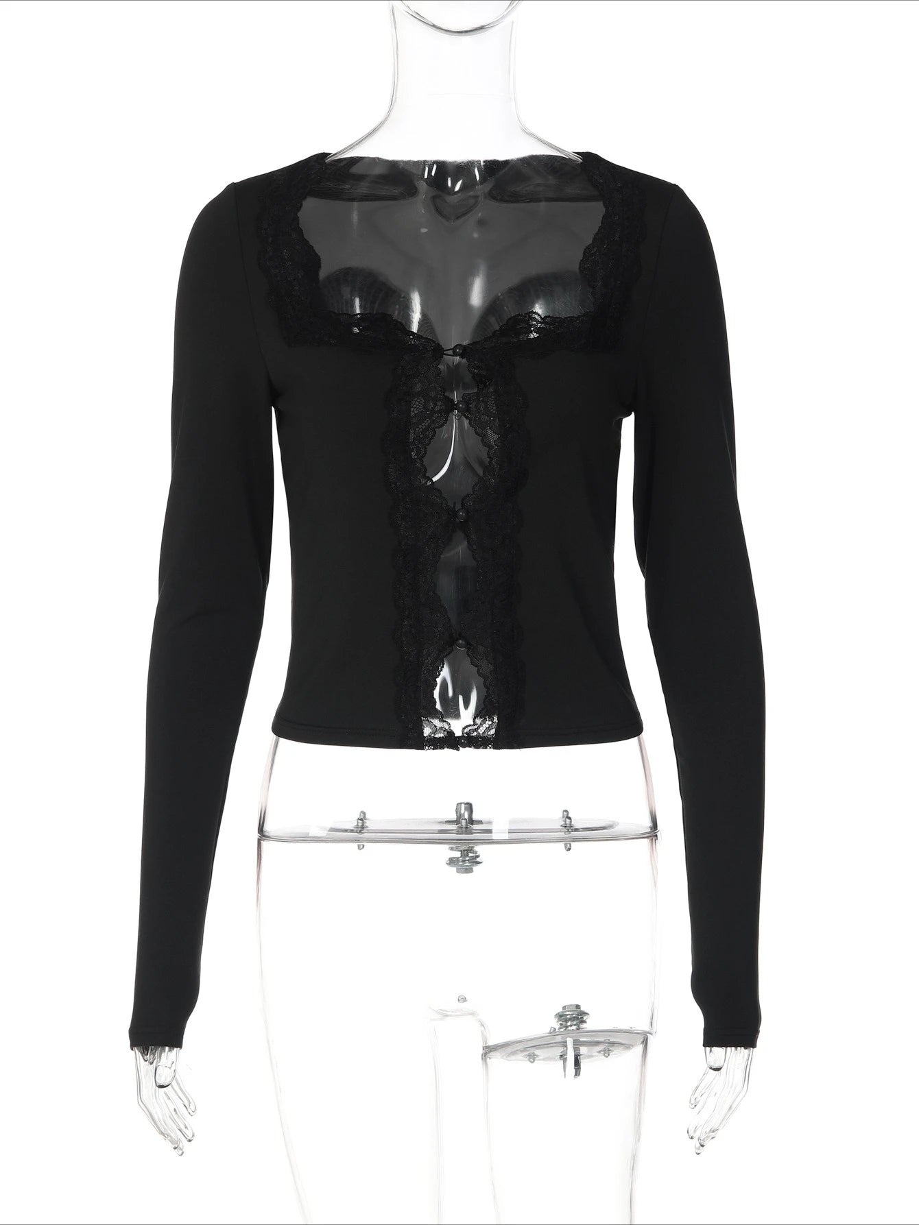 LIZAKOSHT  -  Pure Desire Style Lace Splicing Square Neck T-shirt for Women in Spring 2026, Fashionable Slim Fit Versatile Base Shirt
