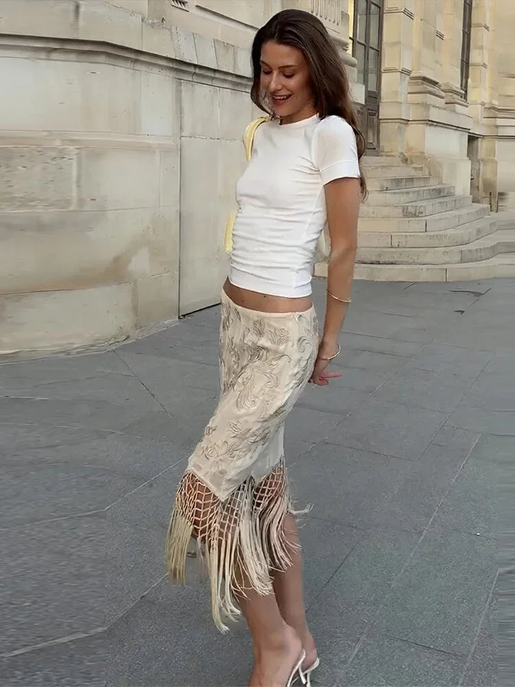 LIZAKOSHT  -  Embroidery Skirt Woman Boho Floral Tassel Midi Skirts Hollow Fishnet Mesh Asymmetric Hem High Waist Summer Wear Woman Clothes