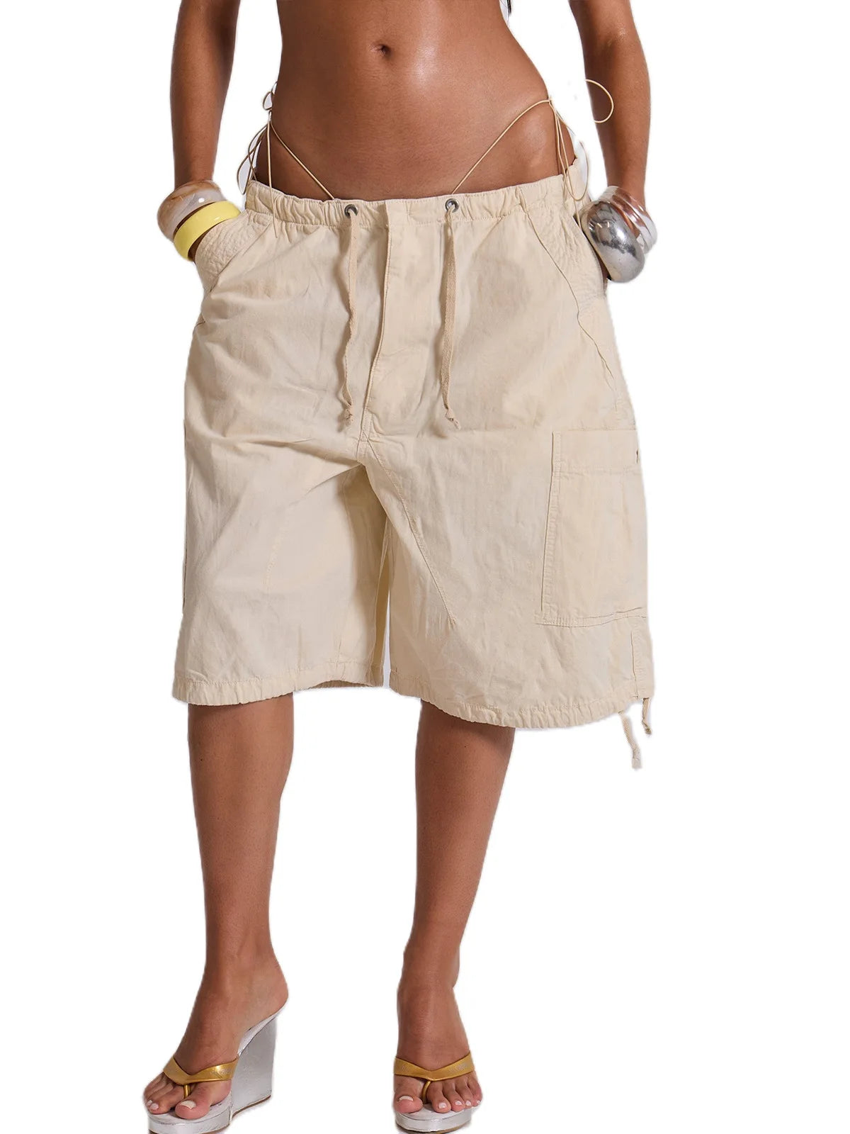 LIZAKOSHT  -  Euramerican Safari Style Drawstring Half Pants Y2k All Match Side Pockets Design Casual Women Wide Trousers Stright Short Pants