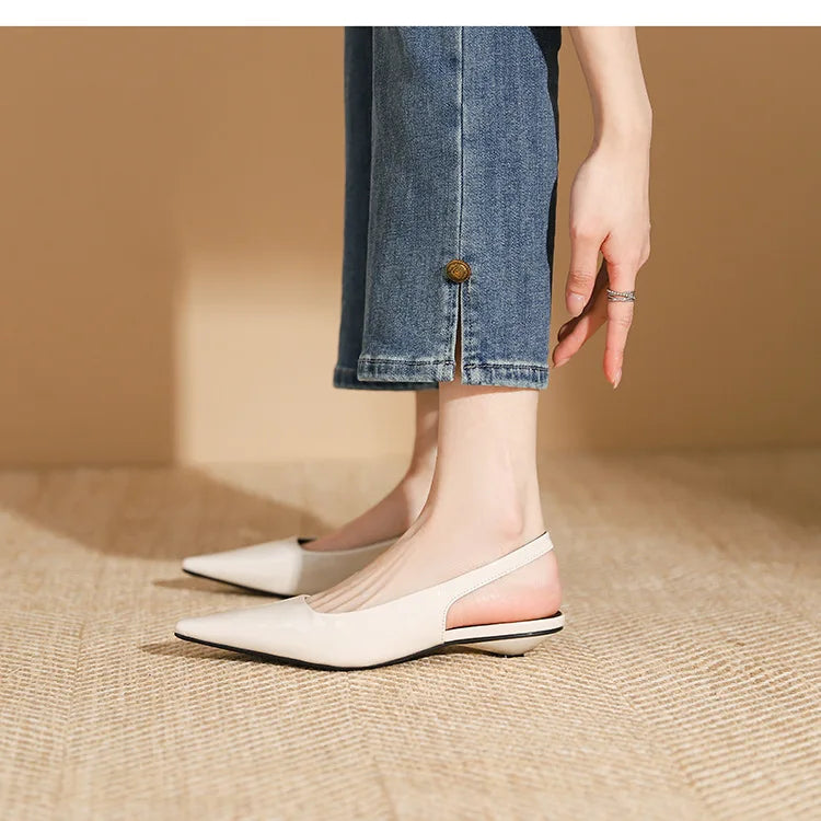 LIZAKOSHT -  Delicate Red Shiny Leather Sandals Woman Slingback Low Heels Shoes Ladies Party Brides Tacones Mujer Pointed Toe Flats Sandalias