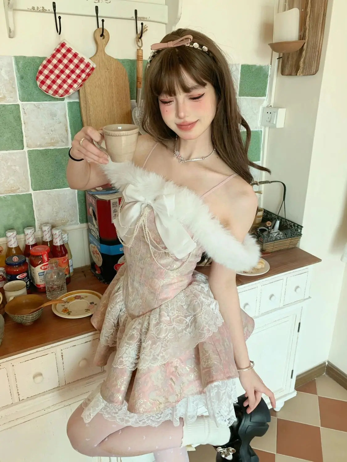 LIZAKOSHT  -  Japan Short Lolita Pink Castle Love Letter Lace Design Feeling One Shoulder Bow Splice Waist Closing Dress Women New