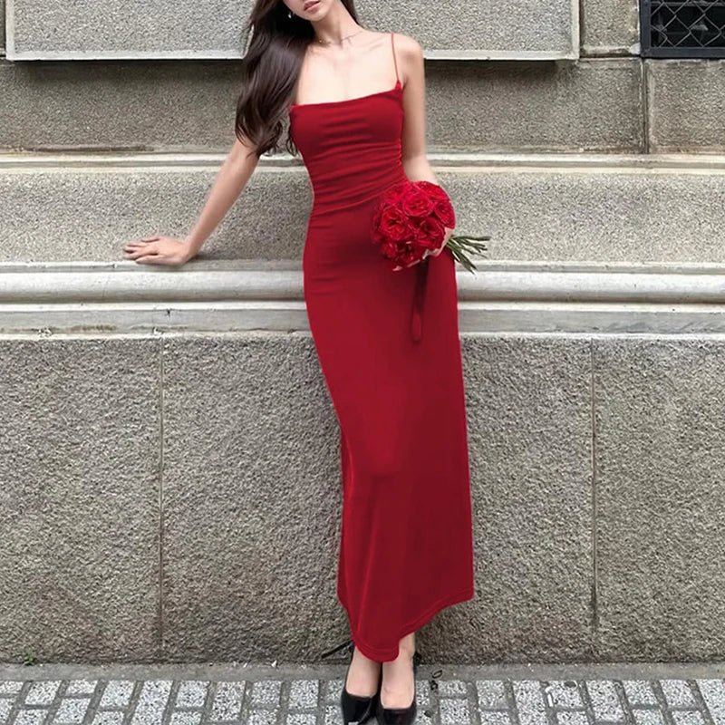 LIZAKOSHT  -  Base Style Casual Sexy Cross Sling Open Back Sleeveless Bodycon Solid Color Long Dress Dating Party Summer Outfit For Women