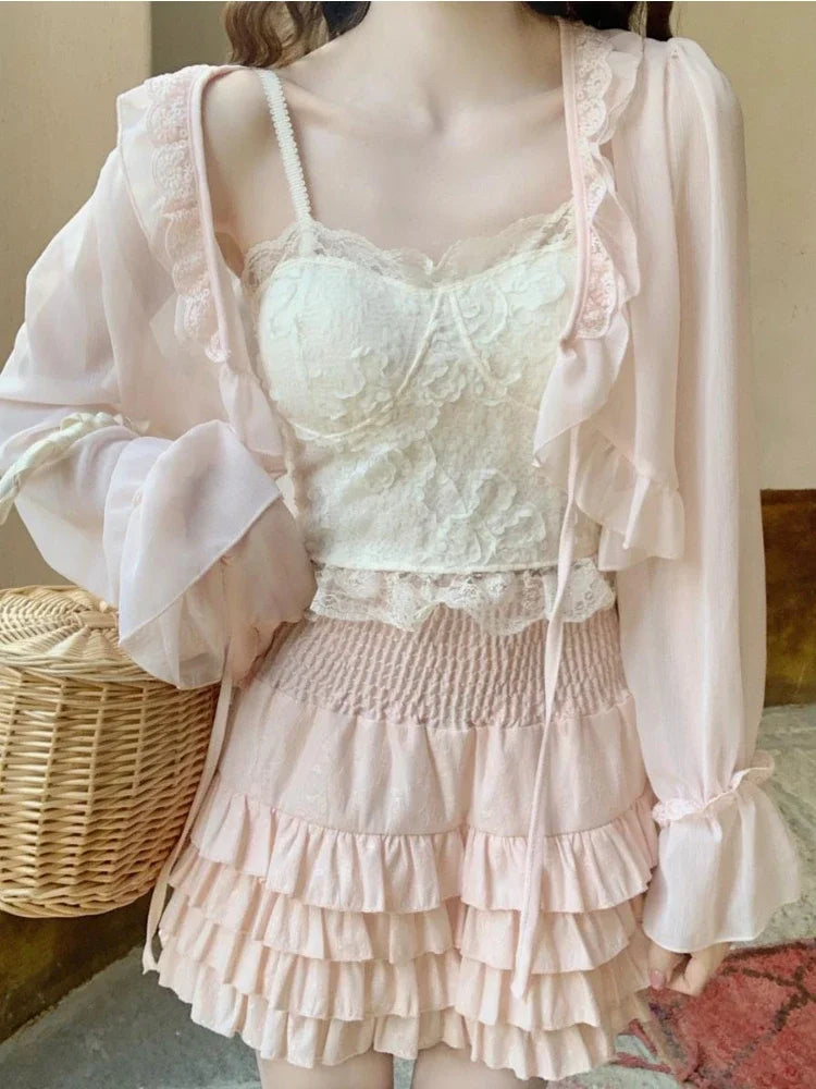 LIZAKOSHT  -  Pink Japanese Lolita Kawaii Skirts Women Lace Korean Style Sweet Cake Skirt Female Black Elastic Skinny Princess Cute Skirt